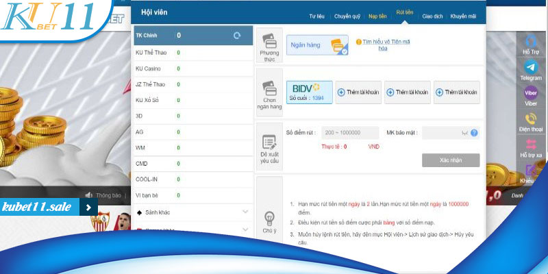 Nhập thông tin cần thiết để tạo yêu cầu rút tiền Kubet11